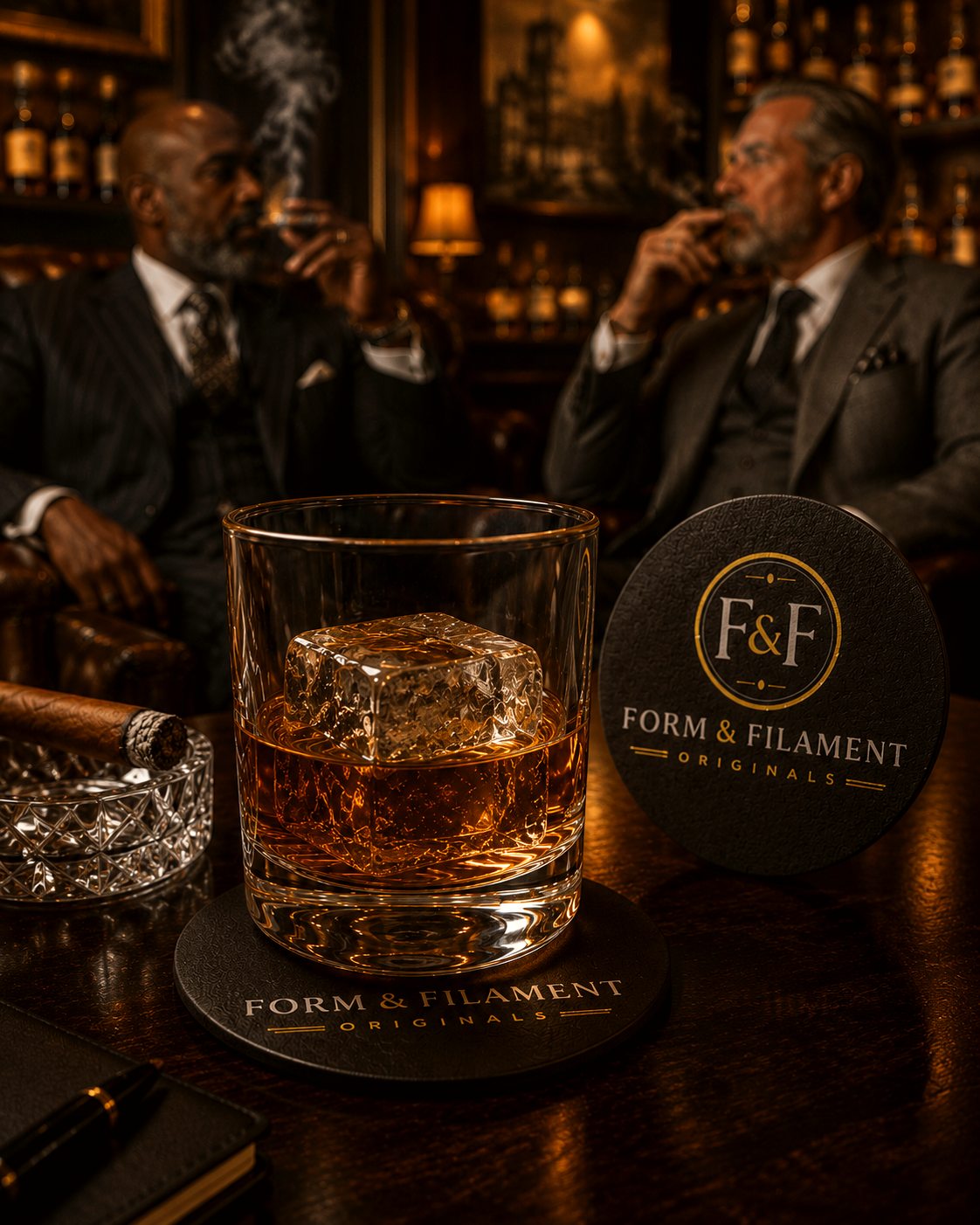 Form and Filament branded coasters in a luxury setting