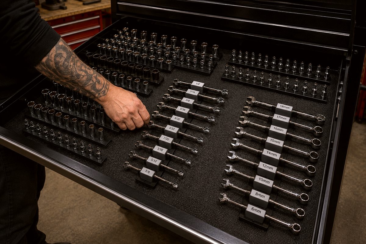 Custom 3D printed socket and wrench organizers in a tool chest